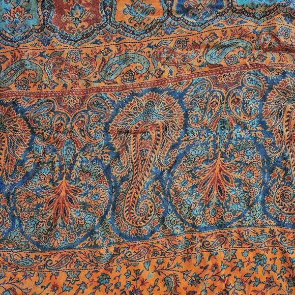 Cashmere, Silk & Viscose Blue & Beige Shawl w Fringe - Picture 7 of 7